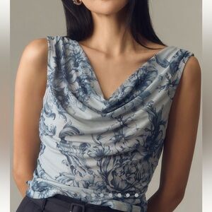 Anthropologie Blue Floral Cowl Neck Blouse